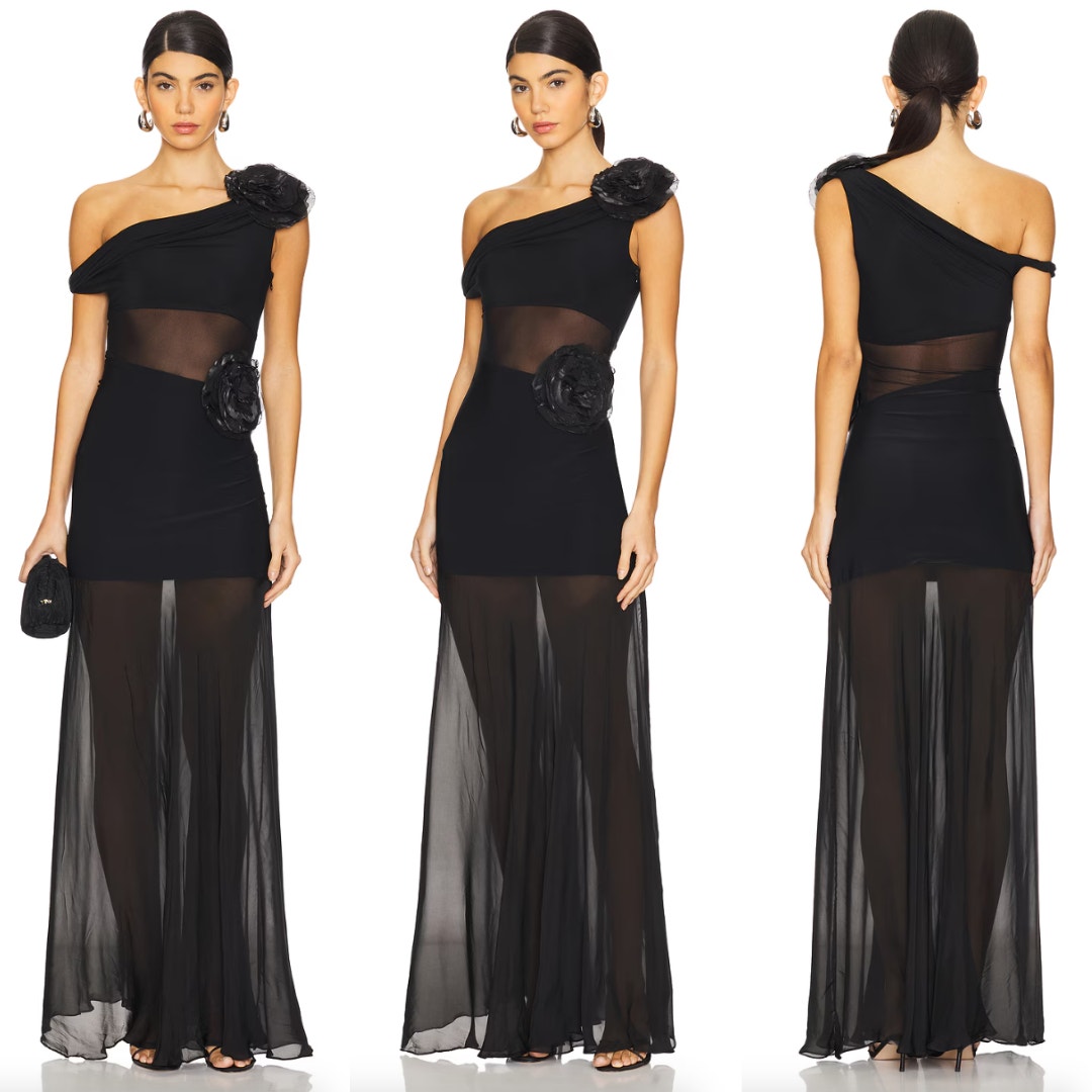 Deme by Gabriella | NWT Abby Gown in Black Rosette Sheer Maxi Dress M