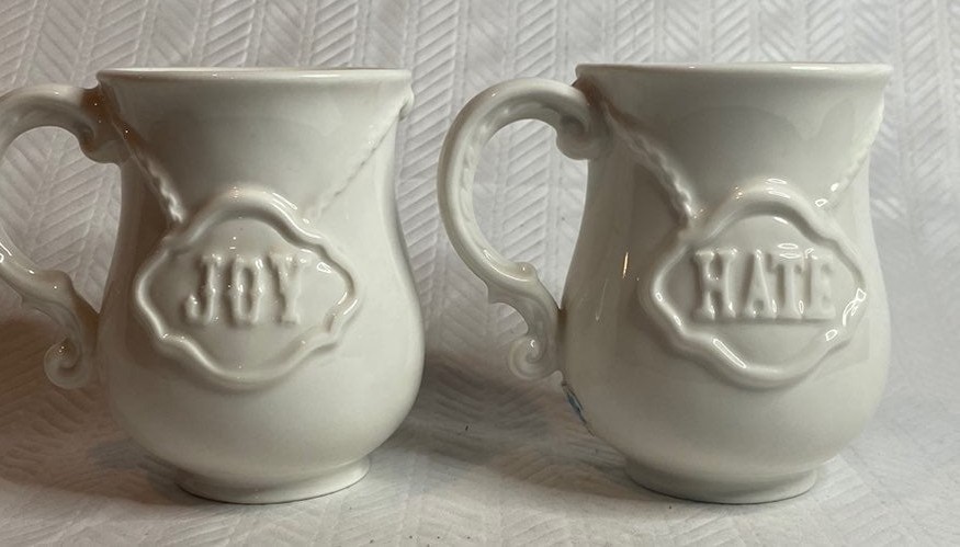 Jonathan Adler love/hate, joy/anger coffee tea mug mugs porcelain