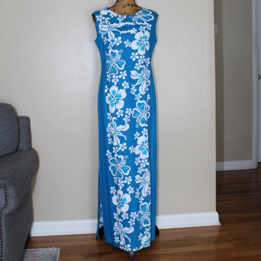 Vtg Sears Hawaiian Fashions Blue White Hibiscus Barkcloth Maxi Dress Women’s M/L