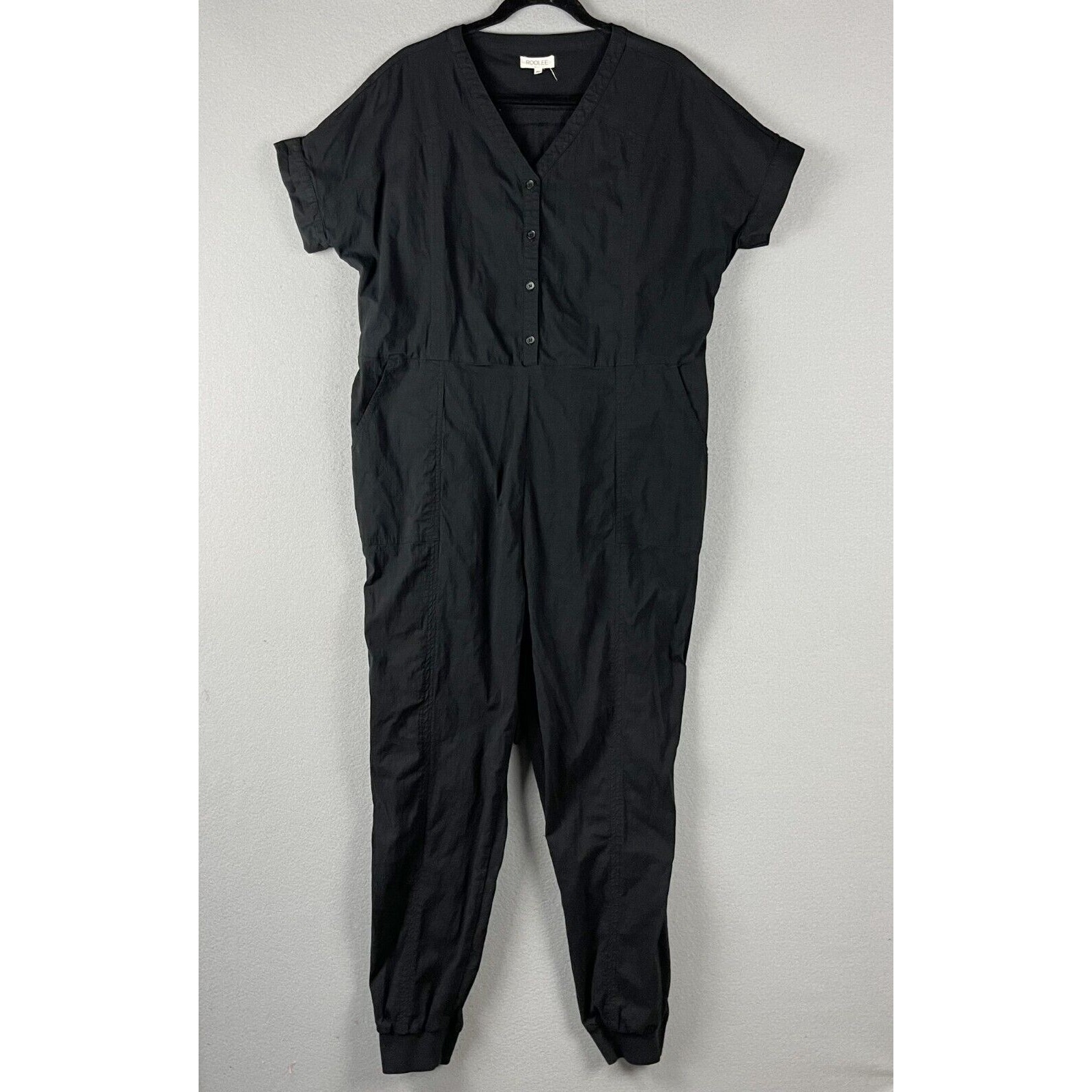 Roolee Jumpsuit Womens XL Black Shirt Sleeve Waist Tie Stretch V Neck