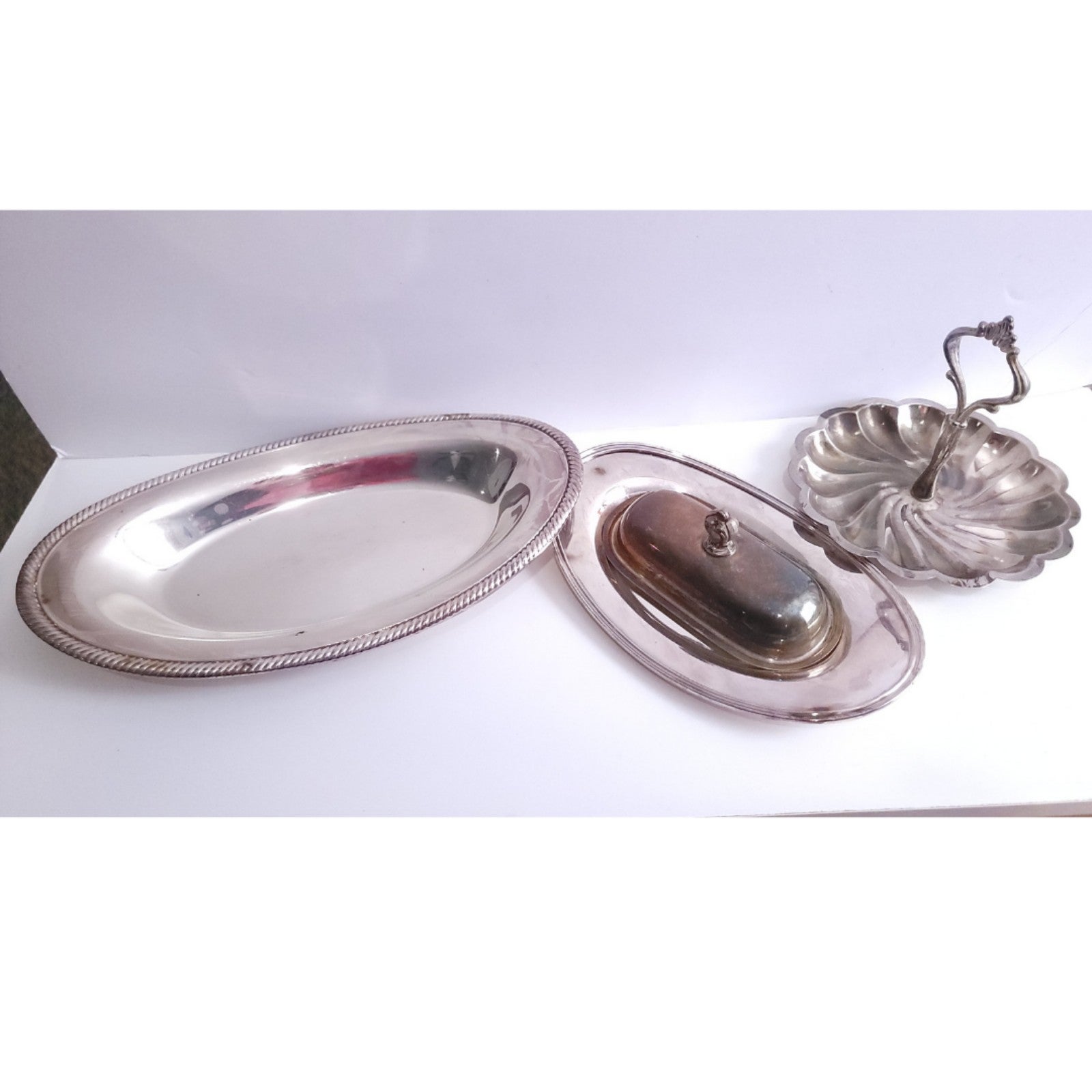 3 Silver Plated Serving Pieces Rogers Tray, On Copper Butter Dish & Tea Tray