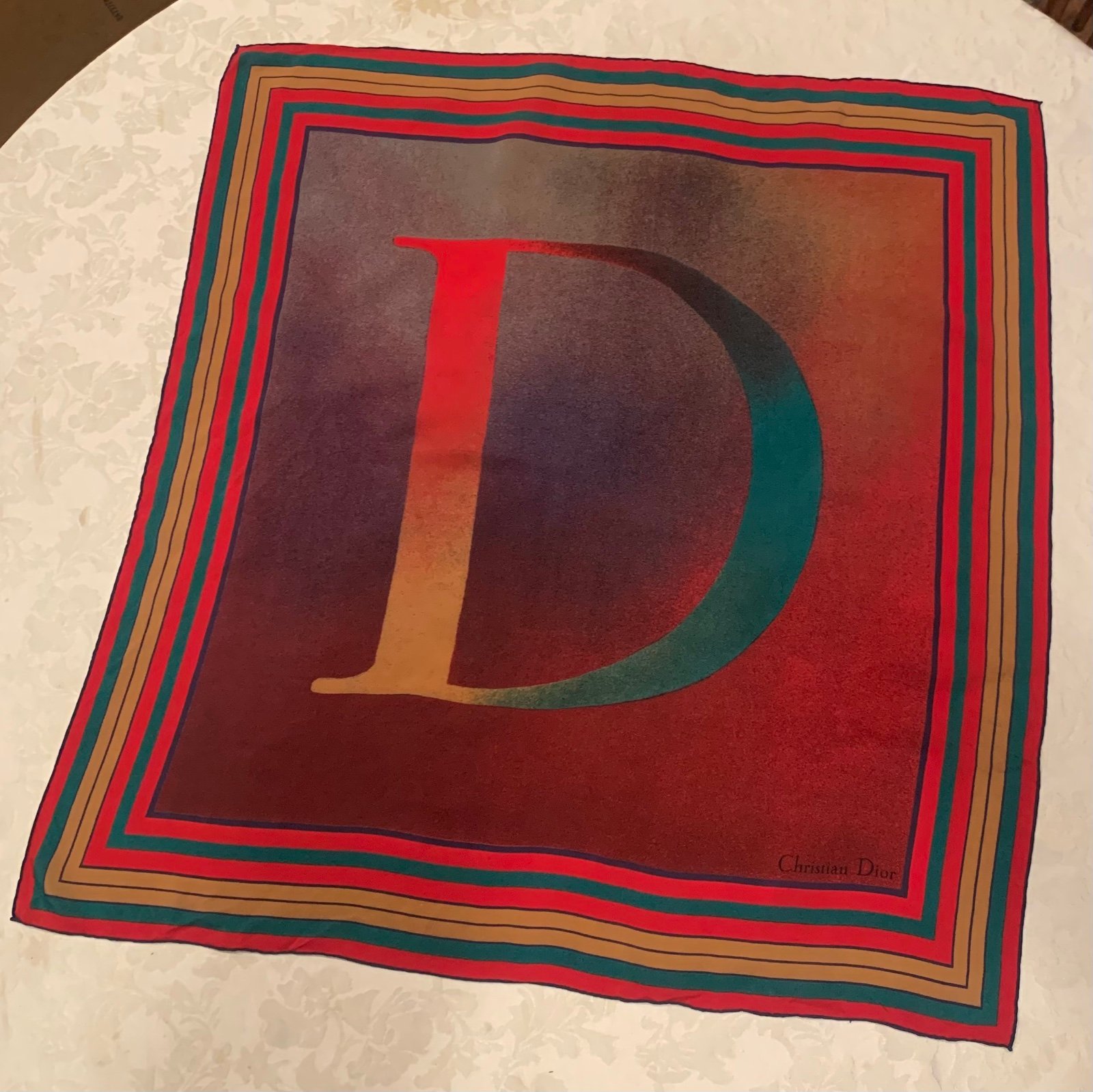 Christian Dior Vintage Large Logo D Airbrush Red Gradient Square Silk Scarf