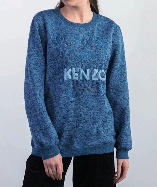 Kenzo Paris Sweater Womens Blue Tiger Jungle Crewneck Sweatshirt Sz S