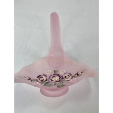 2001 Fenton Hand Painted Pink Chiffon Opalescent Satin Mini Basket S. Miller