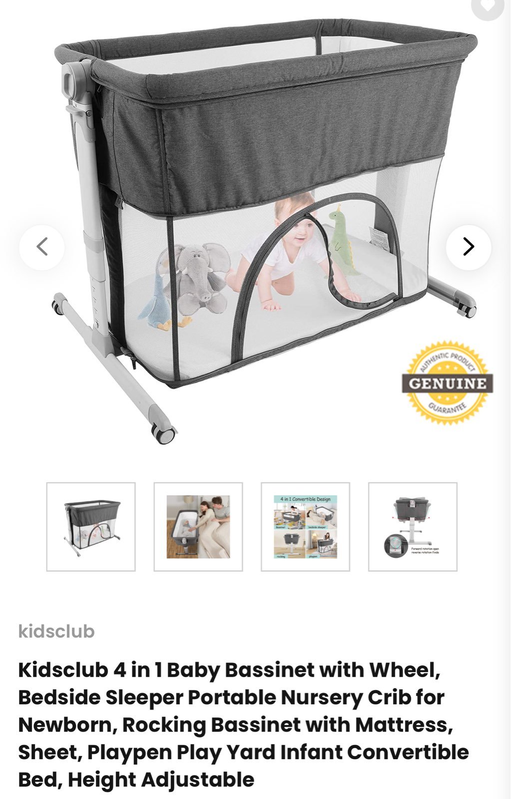 Kidsclub 4 in 1 Baby Bassinet with Wheel, Bedside Sleeper Portable Nursery Crib