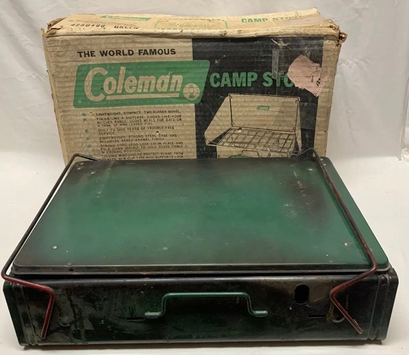 Vintage Coleman Two Burner Camp Stove With Original Box 425D499 Green