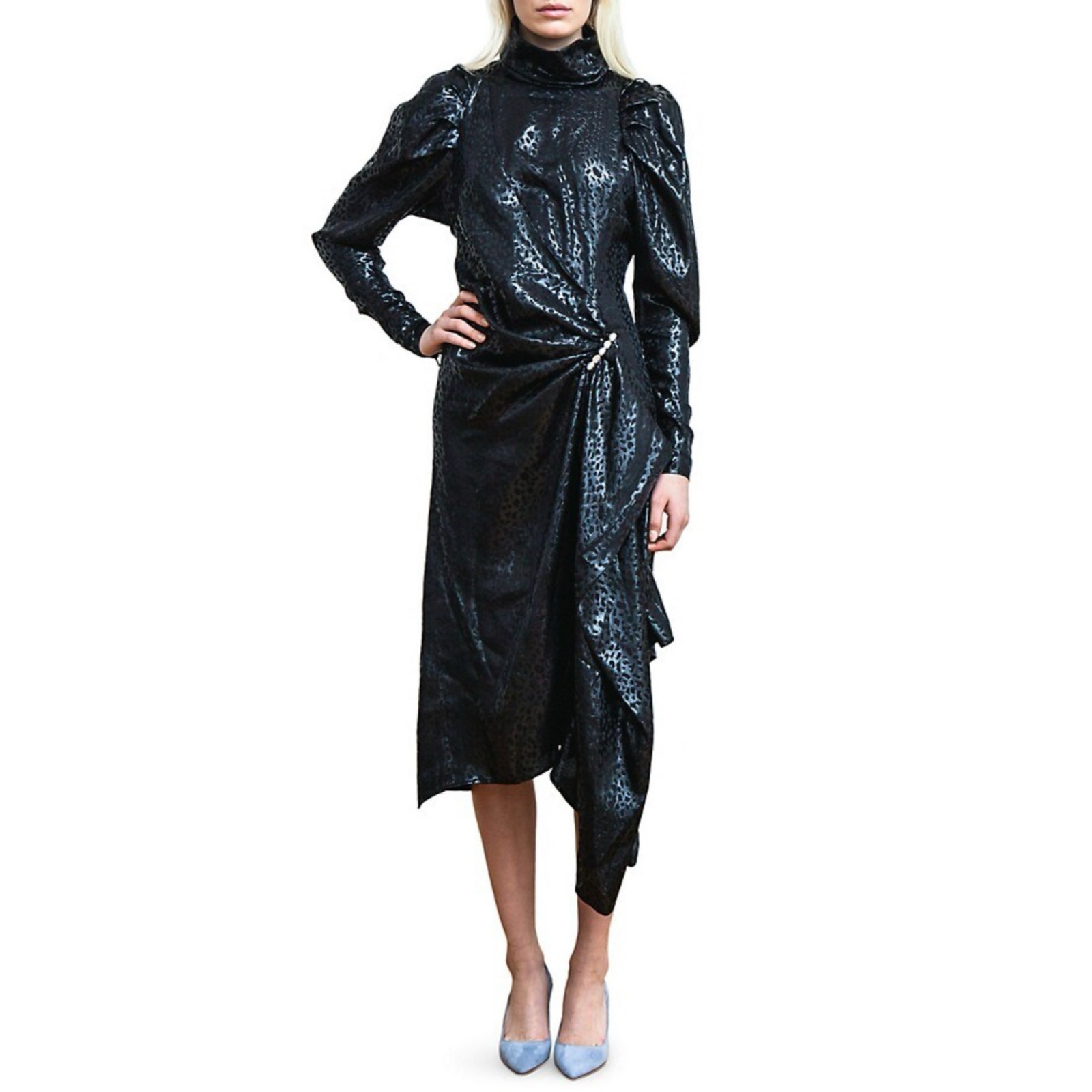 Birgitte Herskind Daisy Black On Black Metallic Leopard Asymmetrical Dress 4 NWT