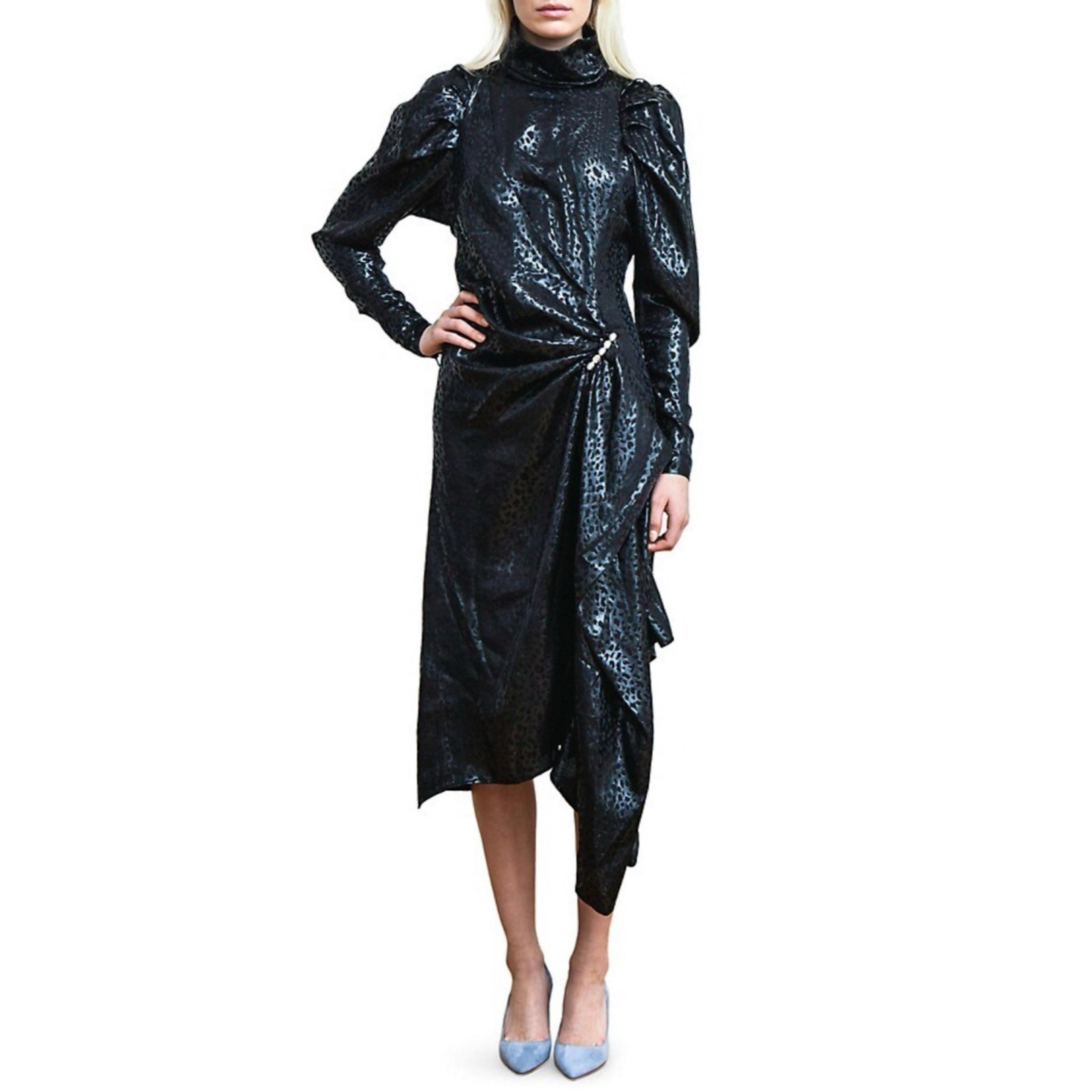 Birgitte Herskind Daisy Black On Black Metallic Leopard Asymmetrical Dress 4 NWT