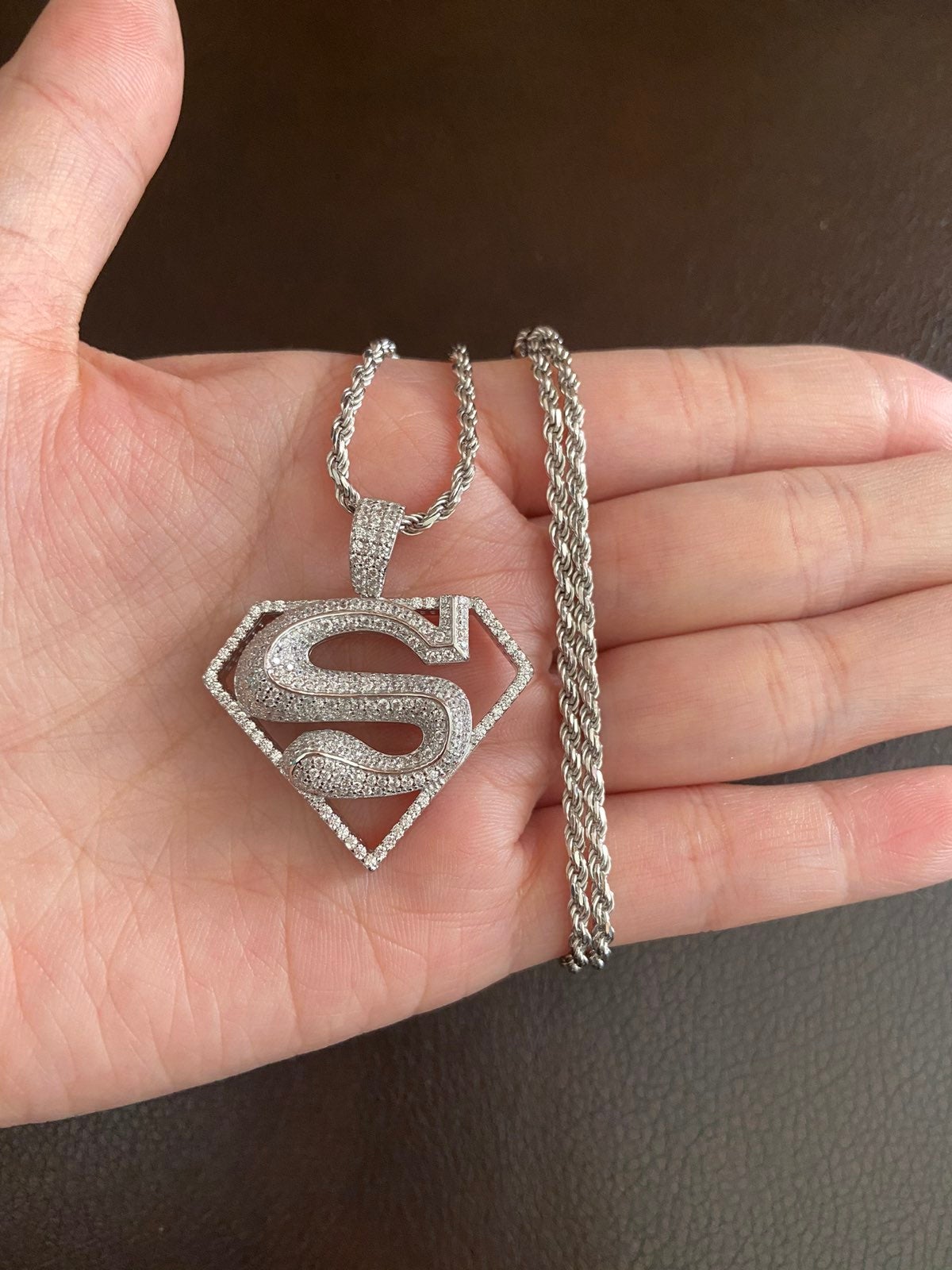 14k white gold diamond super man chain