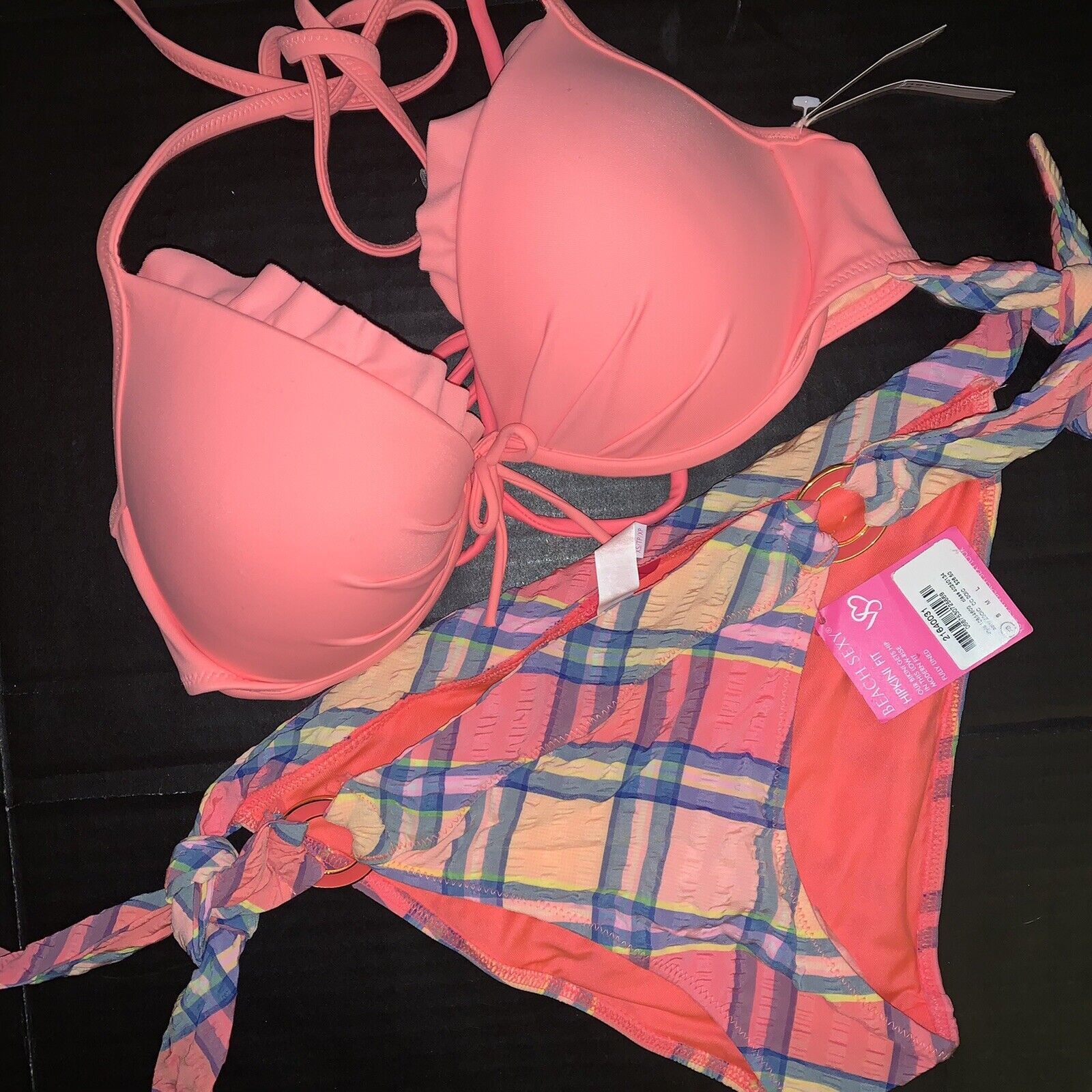 Victoria's Secret 34B BIKINI XS side tie bottom apricot orange blue plaid Print