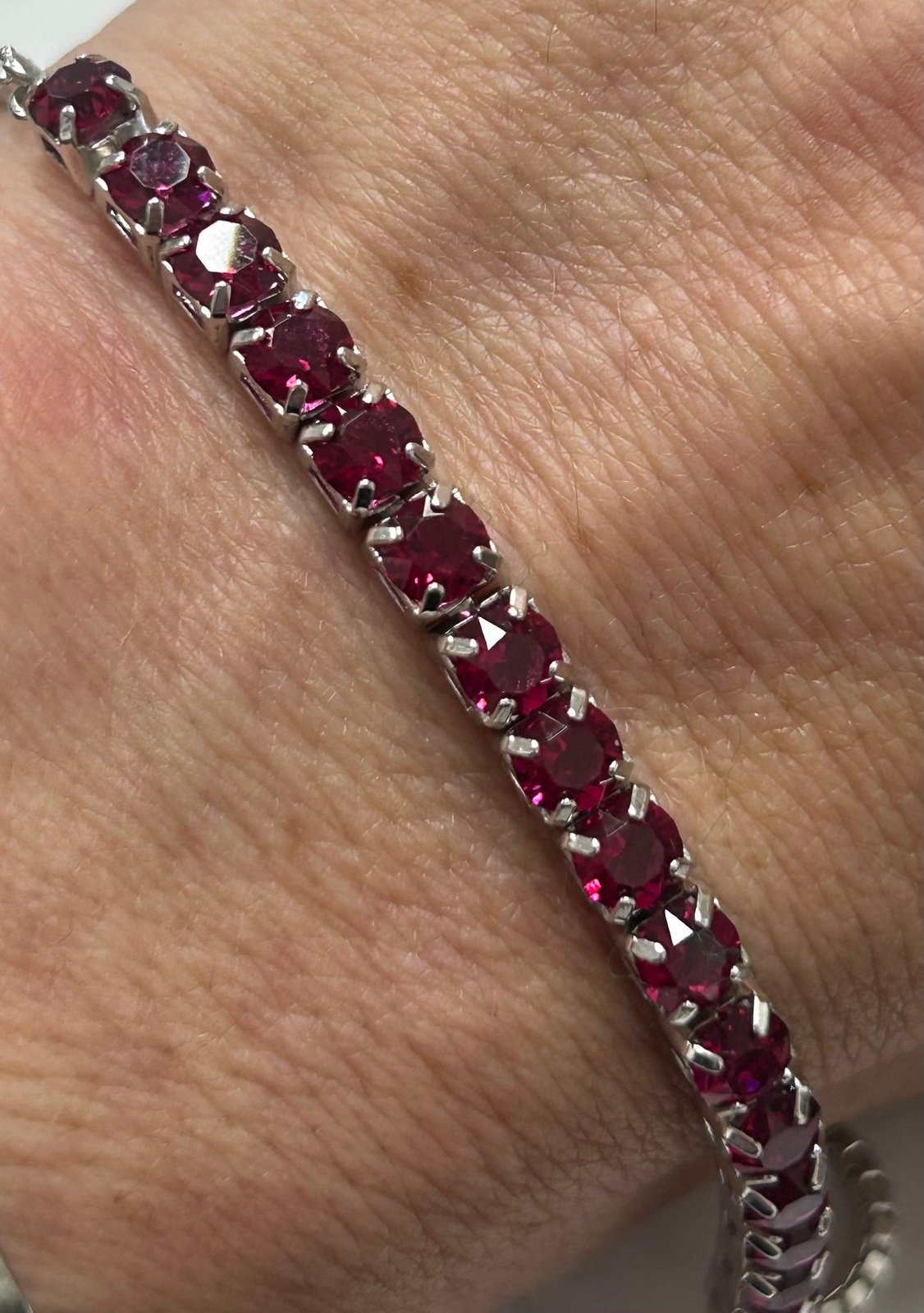 Pretty! Adjustable 925 Silver Tennis Bracelet with Dark Pink Stones