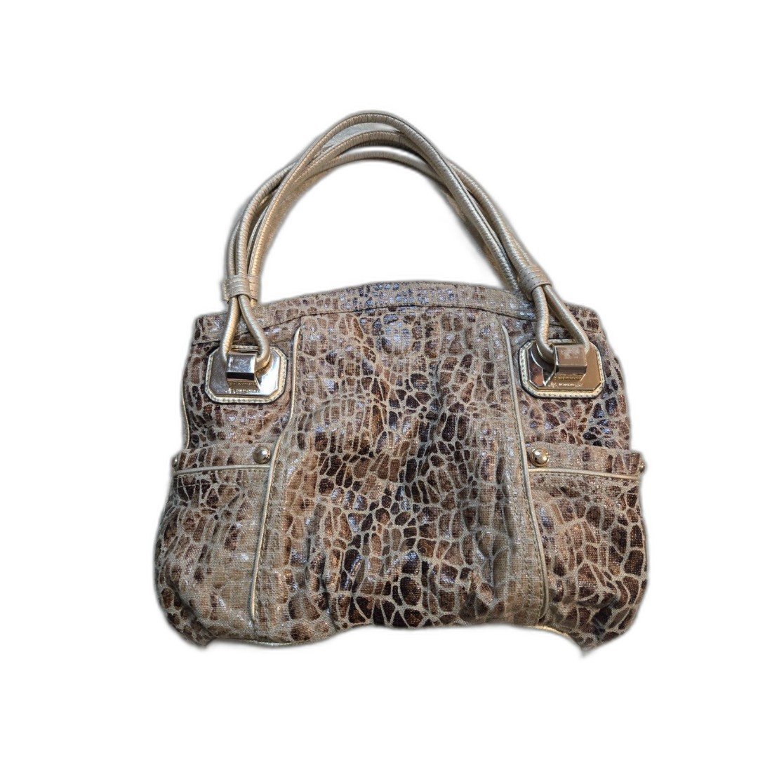 B. Makowsky Gold Snakeskin Pattern Linen Satchel Purse