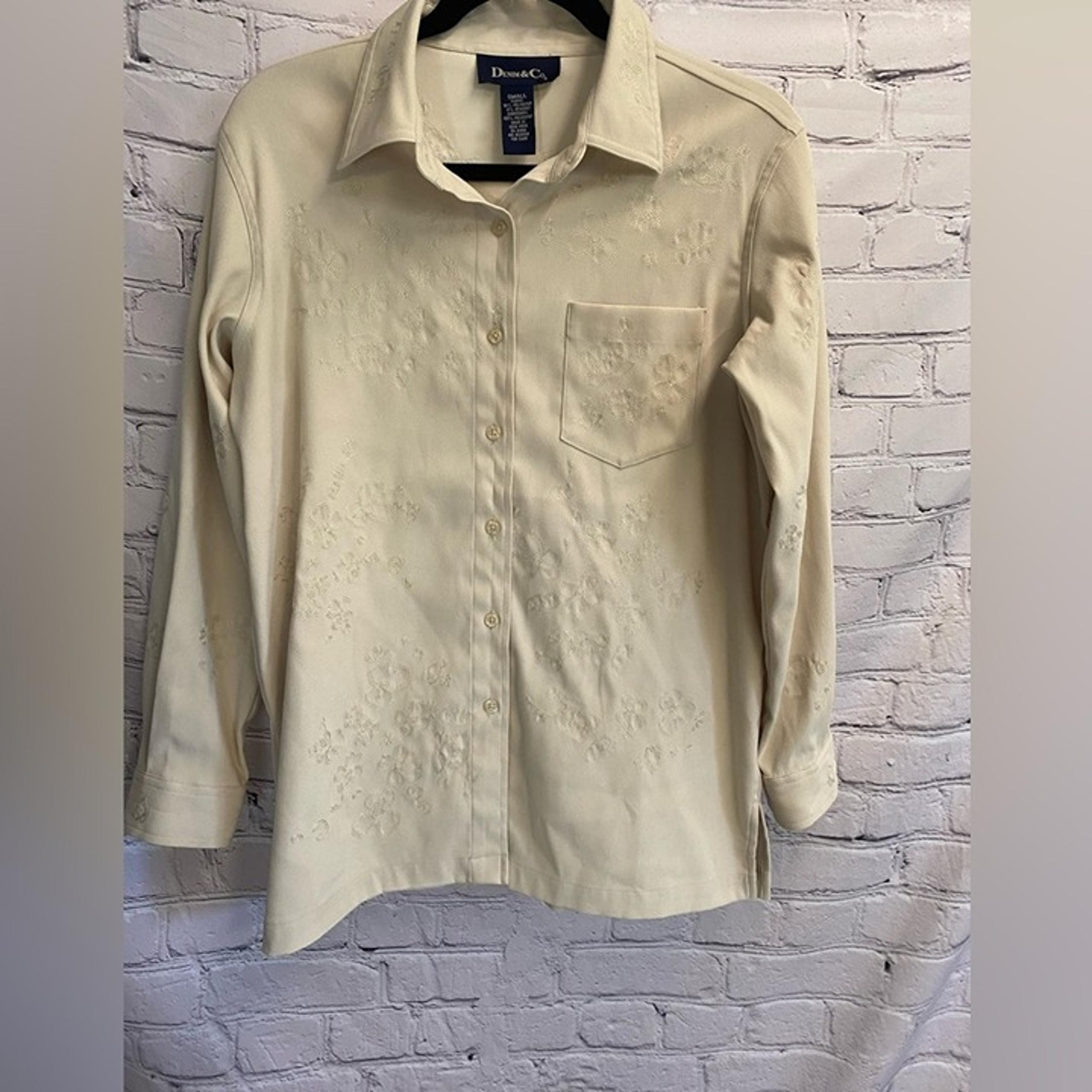 Denim & Co Jacket Embroidered Khaki Long Sleeve Button Down Shirt Small Women’s
