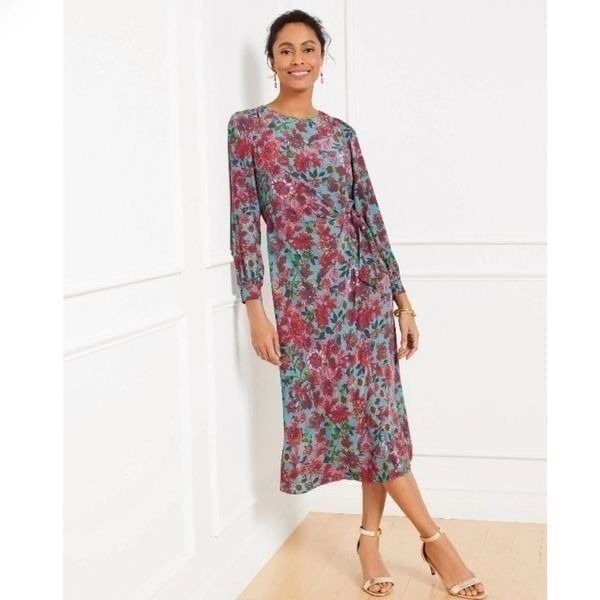 Talbots Floral Side Tie Long Sleeve Cocktail Midi Dress Size 12 Petite NEW