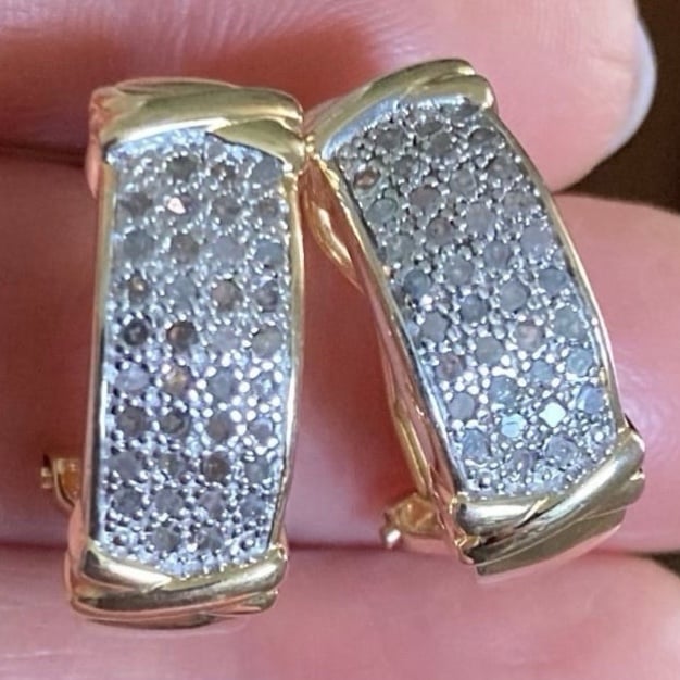 1/2 CT GENUINE DIAMONDS 18K YELLOW GOLD/925 STERLING SILVER HOOP EARRINGS