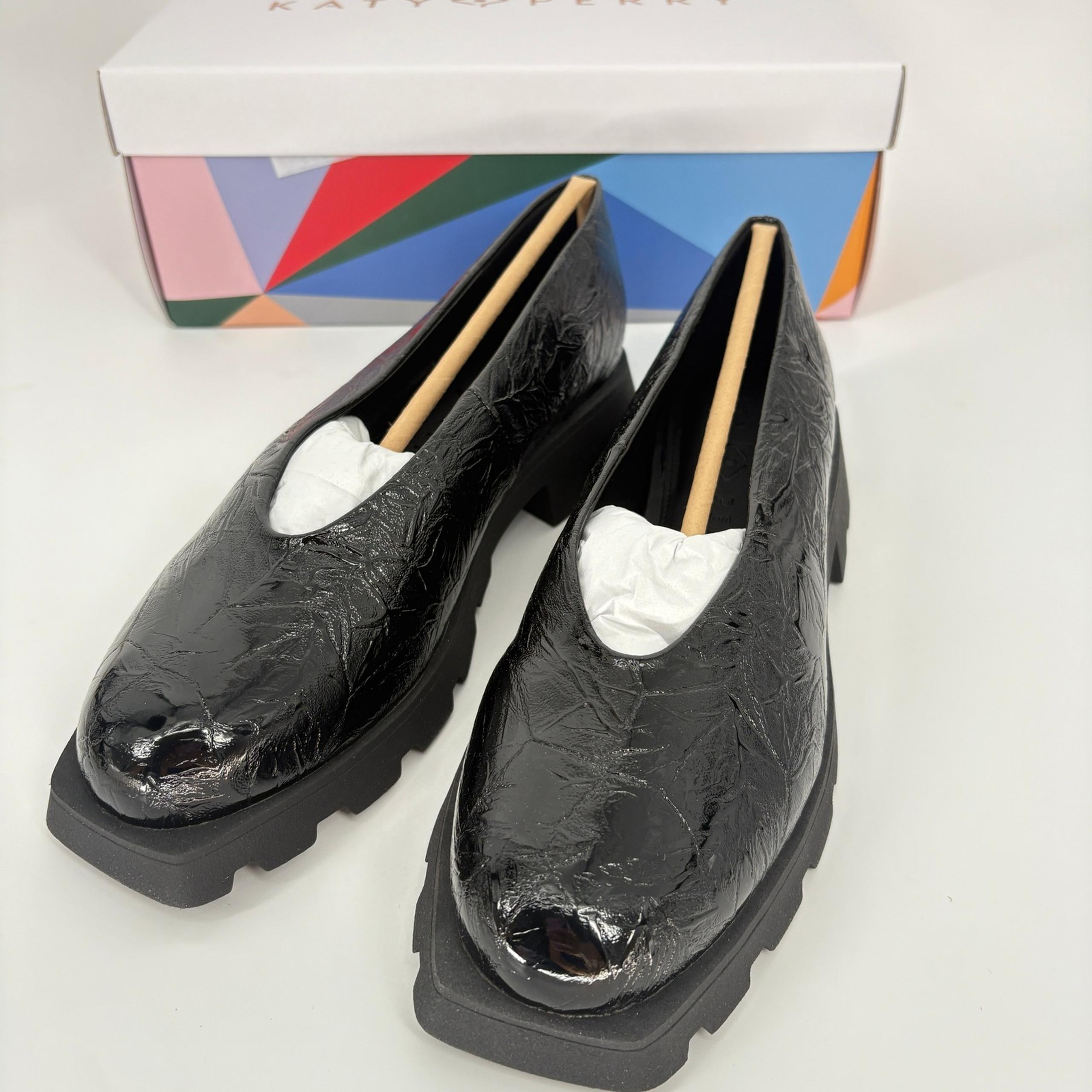 Katy Perry Lug Sole Loafers Platform Chunky Heel Black Patent Leather Size 9.5