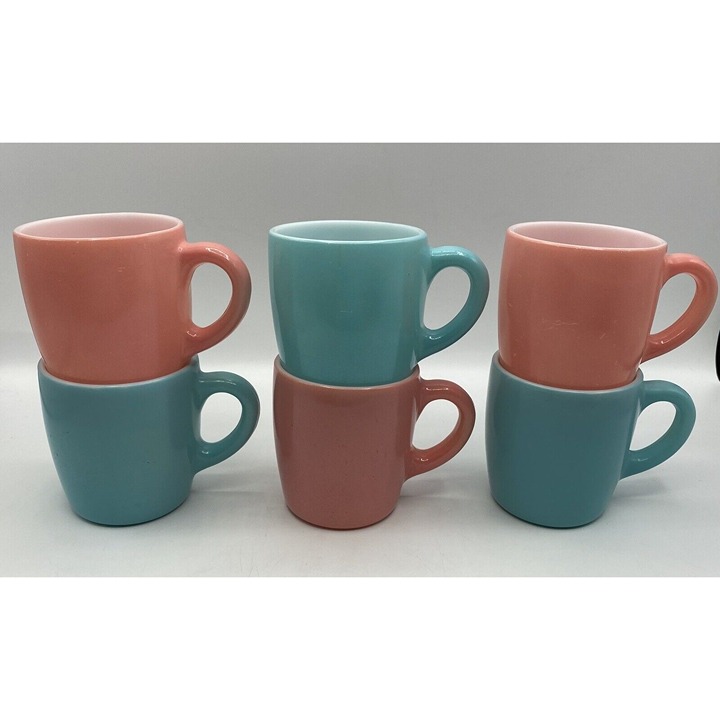 Vintage MCM 1950’s Hazel Atlas Coffee Mugs 3 Pink And 3 Turquoise Set Of 6 READ!