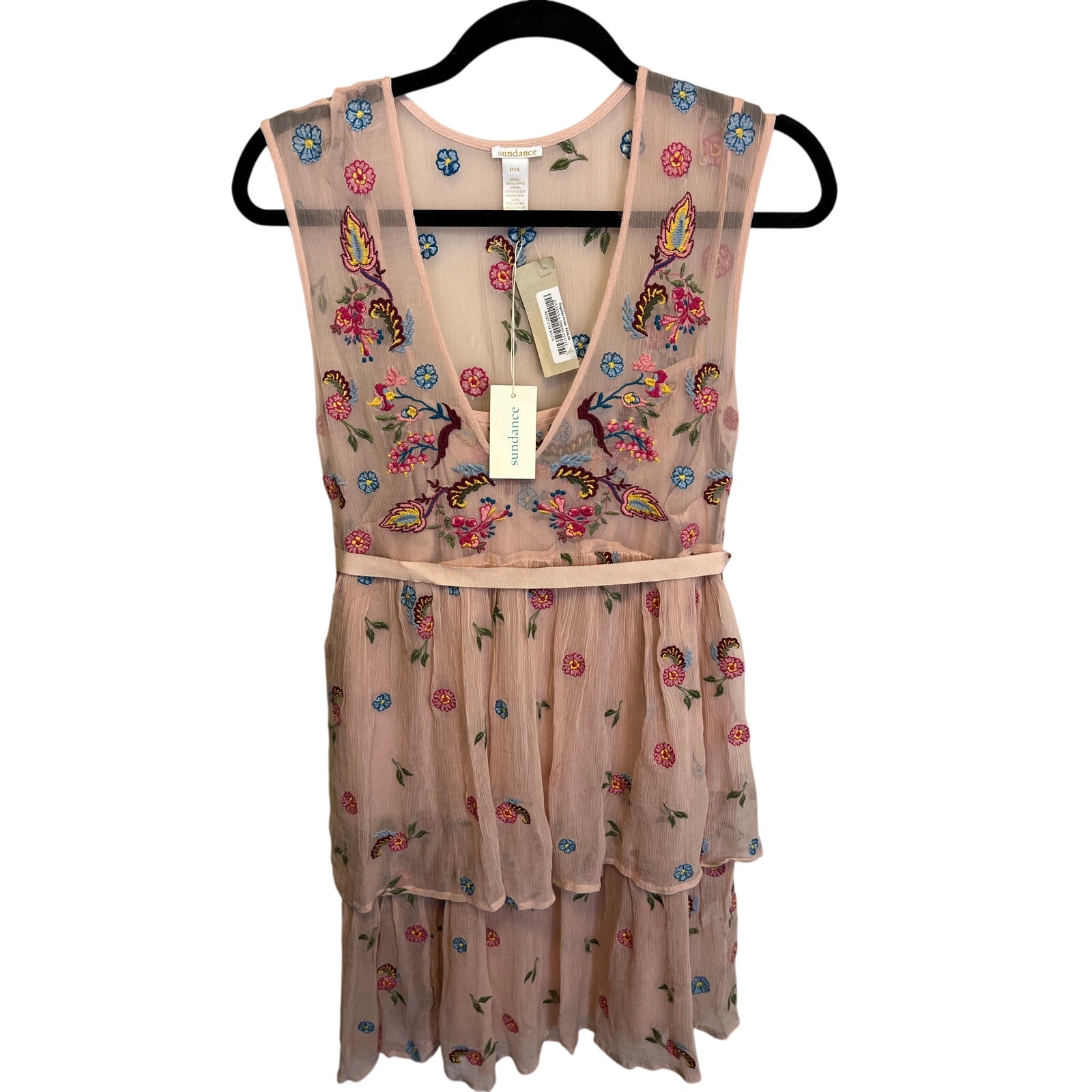 Sundance Floral Embroidered Ruffle Tiered Sheer Lined Midi Romantic Dress 14