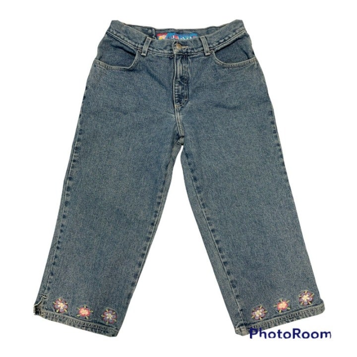 Vtg 90s No Excuses Capri Jeans Fun World Patch Light Rinse Embroidered 9/10