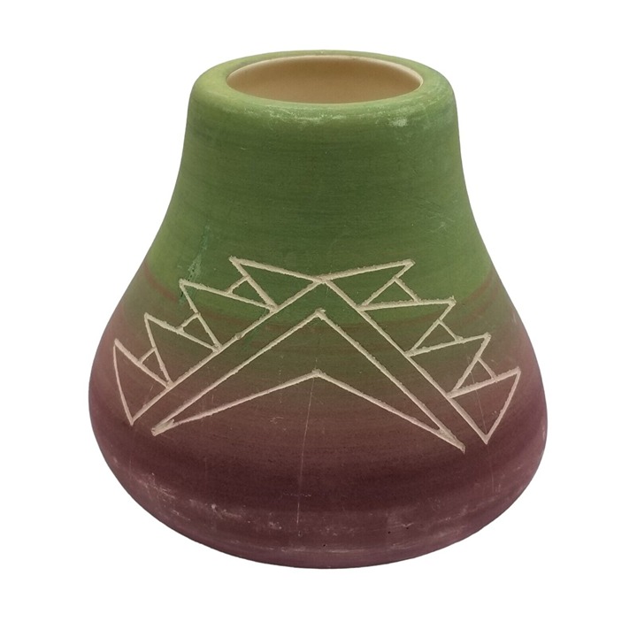 Native American Sioux Indians Etched Pottery Vase SPRC SD Signed Colorful Decor