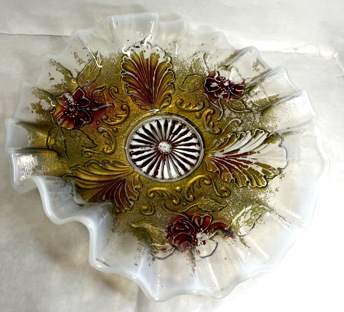 Antique Goofus Glass Bowl Opalescent Handkerchief Edgewhite Gold & Red 1910 RARE
