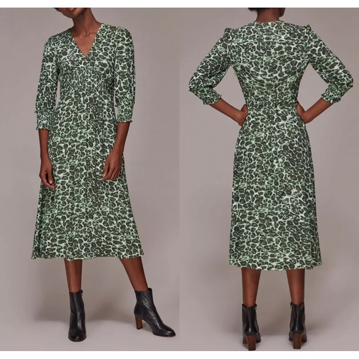 Whistles Smocked Midi Leopard Print Dress