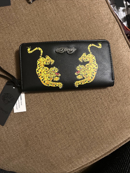 Ed Hardy Screaming Tigers Print Double Zip ID's Card Money Wallet Wristlet Purse