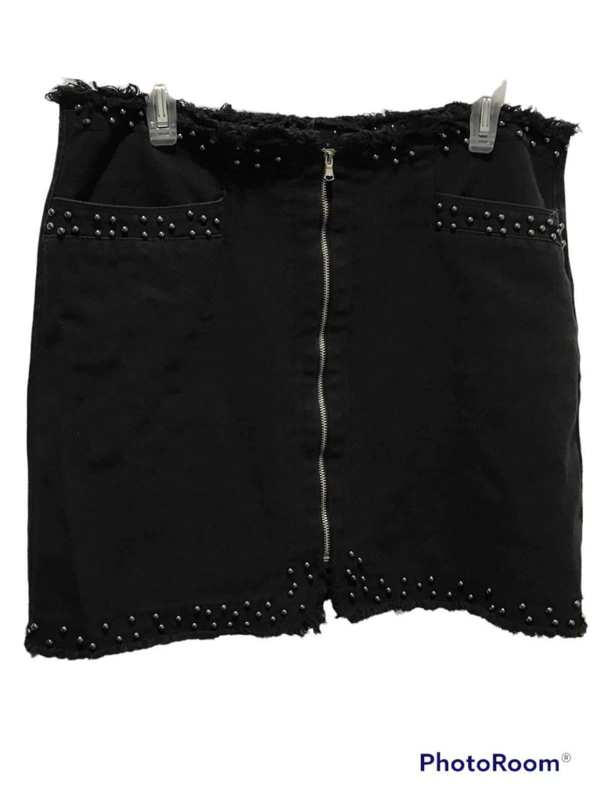 Dex Distressed Grunge Gunmetal Denim Goth Studded Black Mini Skirt - Size 31