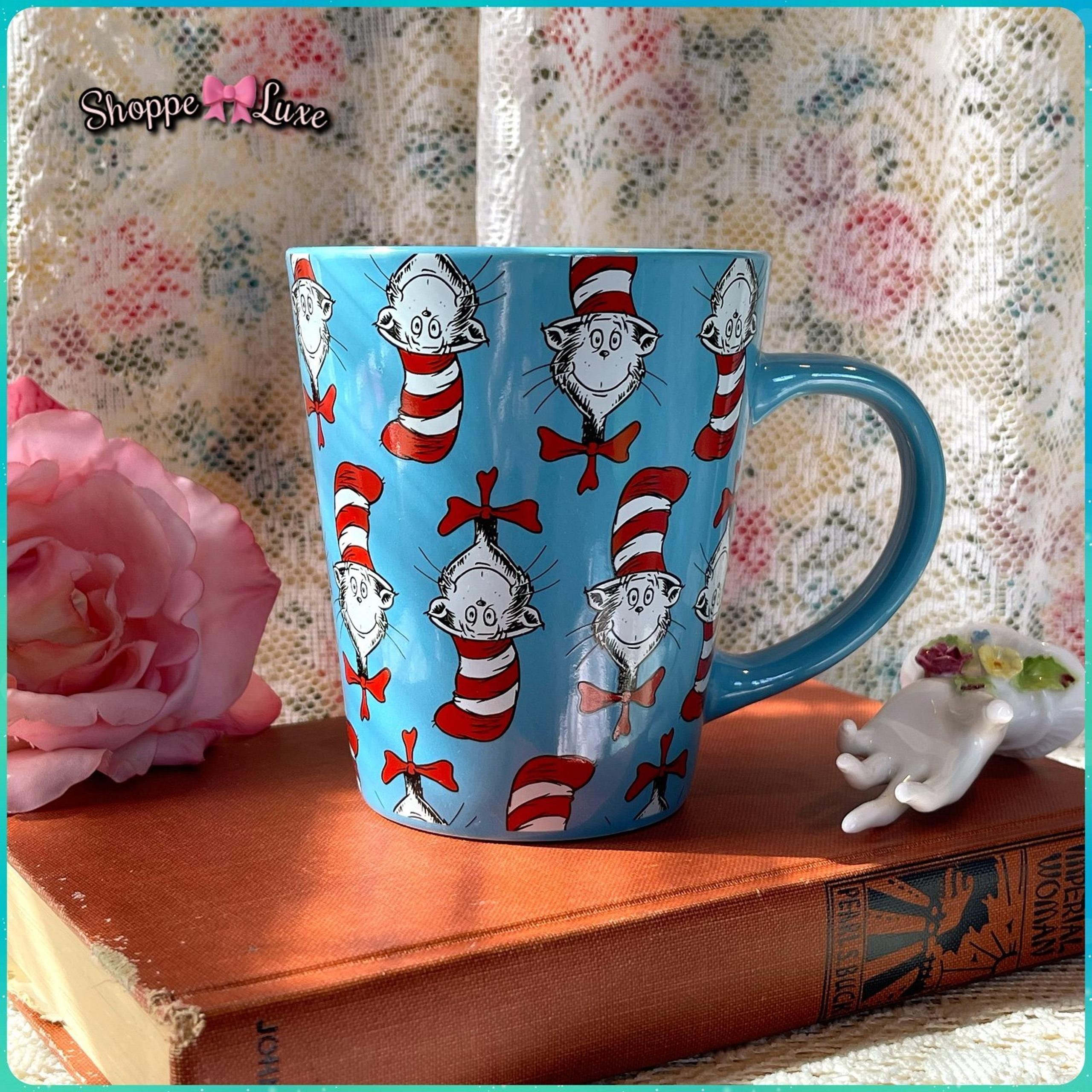 DR. SUESS CAT IN THE HAT MONOGRAM HEADS TURQUOISE CERAMIC 14 OZ. COFFEE MUG