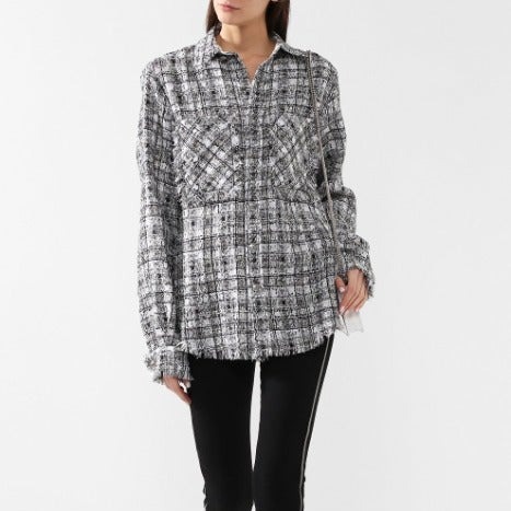 FAITH CONNECTION Bouquet shirt Tweed Fitted Overshirt Silver Shine Thread L B4HP