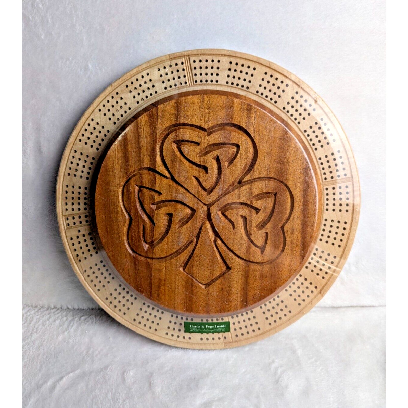 Handmade Maple and Mahogany Celtic Shamrock Round Cribbage Board - Sealed