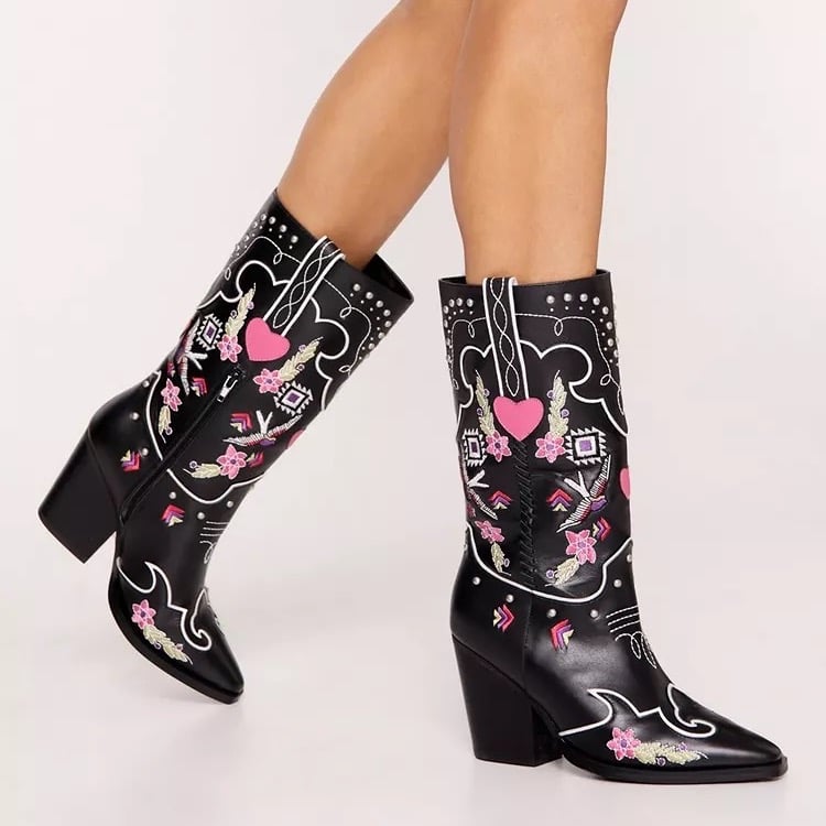 NASTY GAL Leather Floral Embriodery & Heart Detail Cowboy Boots