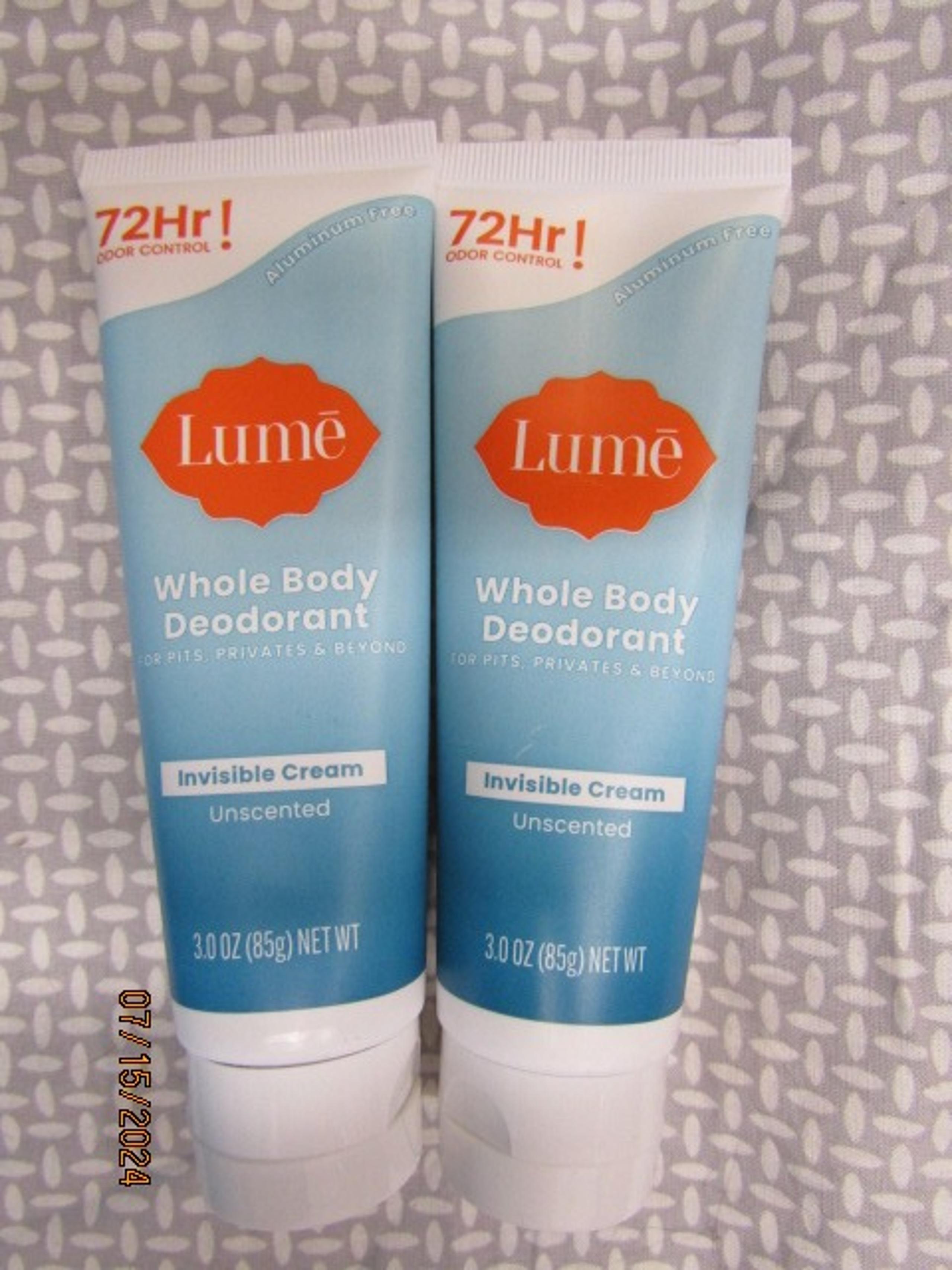 LUME~LOT OF 2~WHOLE BODY DEODORANT~INVISIBLE CREAM~UNSCENTED 3oz EACH 153M