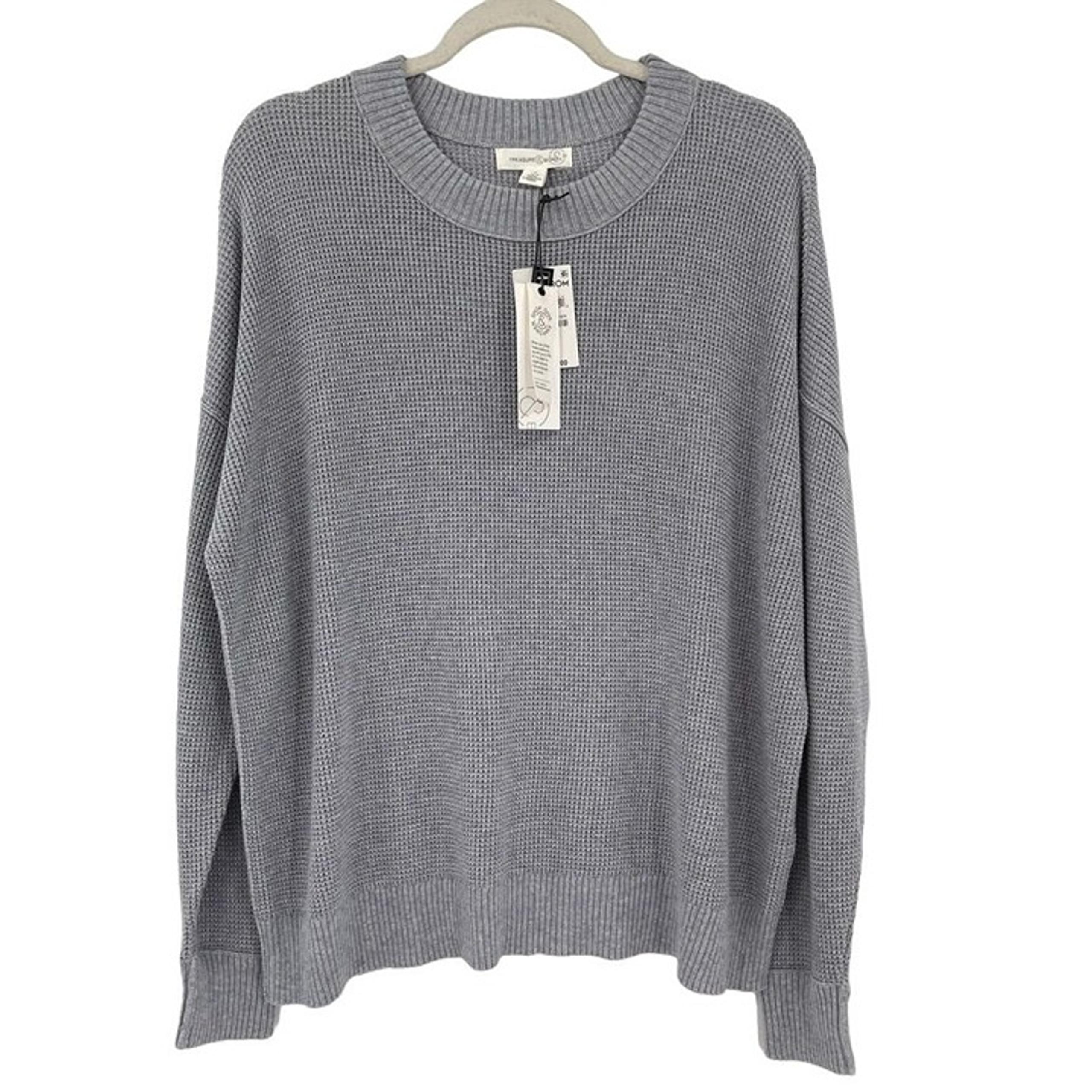 NEW Treasure Bond Womens Plus Size 1X Gray Waffle Knit Sweater Crew Neck Casual