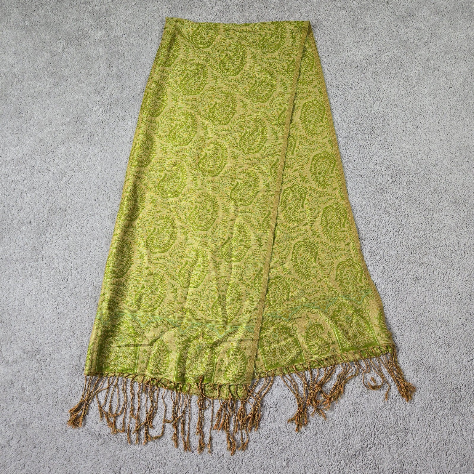 Vtg Cashmere Scarf Green Paisley Print Blanket Wrap Shawl Boho Fringe