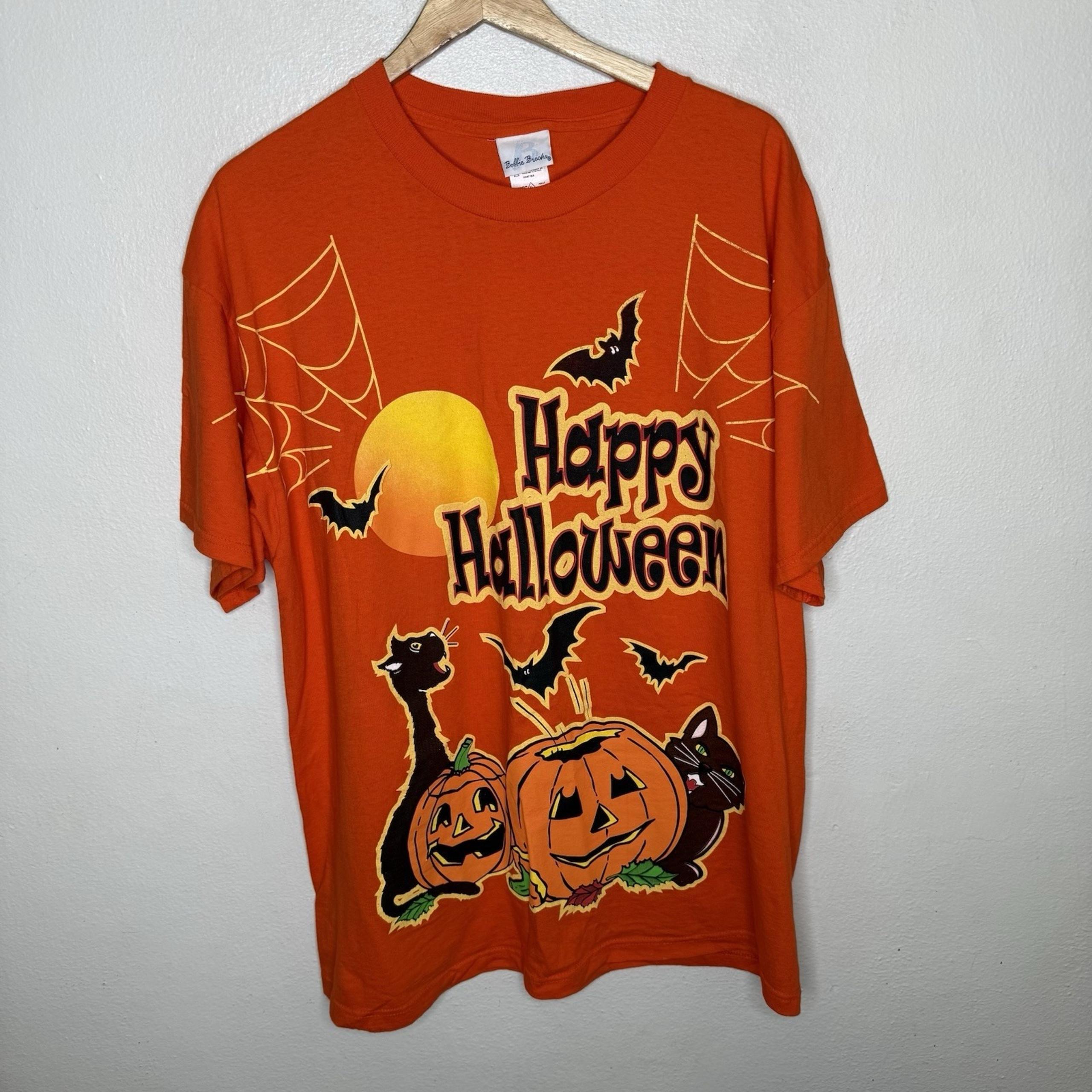 Happy Halloween T-shirt Orange Pumpkins Cats Bat Cotton Women's XL - Bobbie Brooks