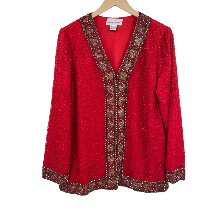 Laurence Kazar 80s Beaded Sequin Silk Size medium Cardigan Jacket red Christmas