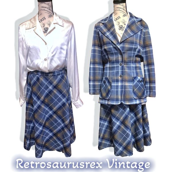 Vintage 70’s Twee Funky Plaid Jacket & Skirt Suit Set, Large, Trissi