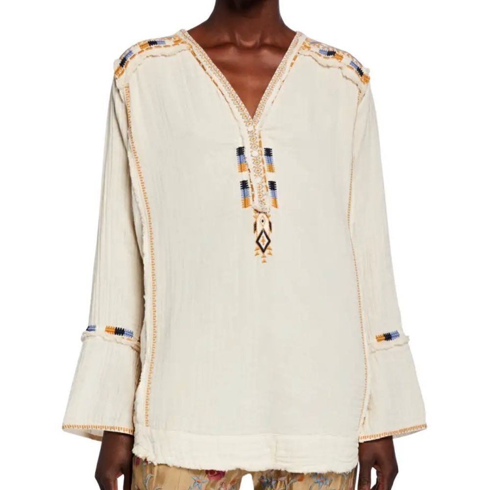 Johnny Was mars gauze beige off white long sleeve embroidered shirt top, small