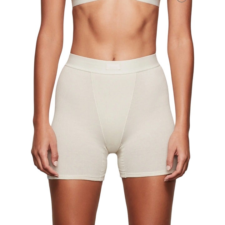 Skims Cotton Rib Boxers Womens Medium Beige High Rise Elastic Waist
