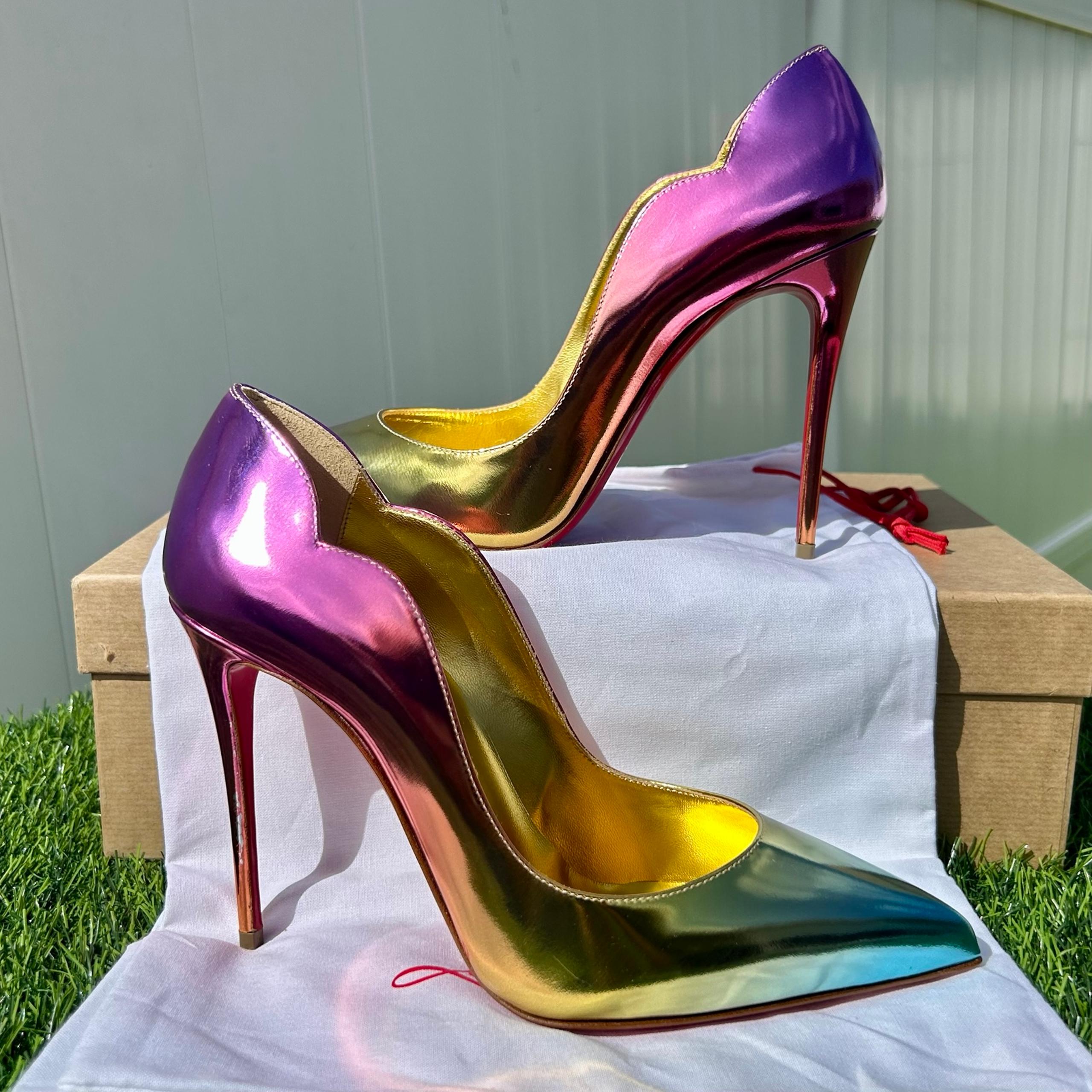 CHRISTIAN LOUBOUTIN NEW! HOT CHICK 100 OMBRE PINK BLUE GOLD LEATHER PUMP SZ 38