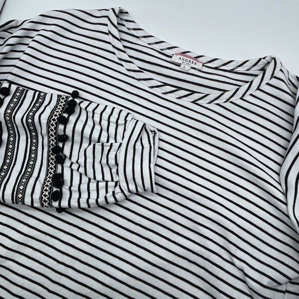 Andree By Unit Sweatshirt Women Large Black White Stripes Pom Pom Embroidered De