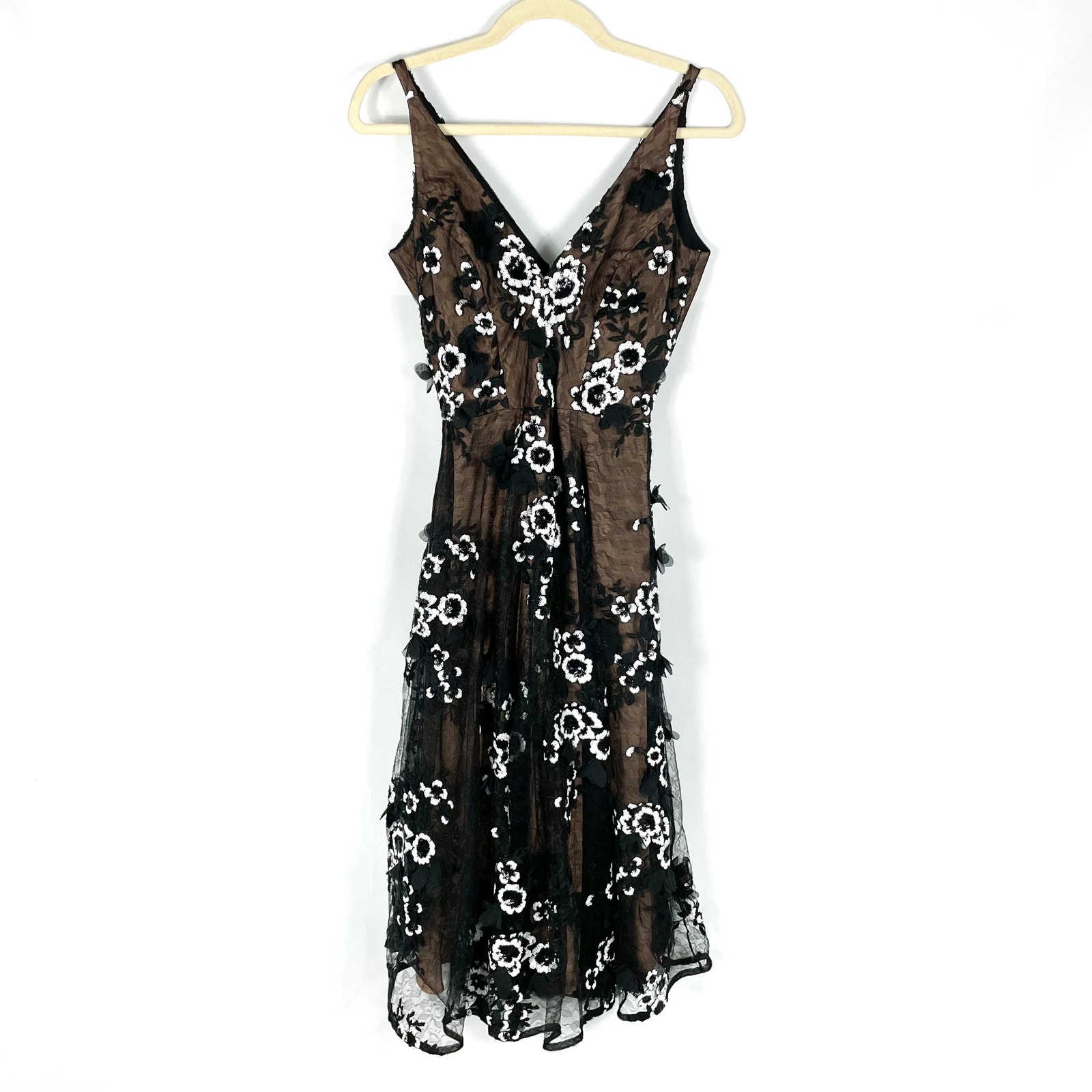 Dress the Population Elisa Black Lace Dress 3D Floral Sequin Applique Sz XS