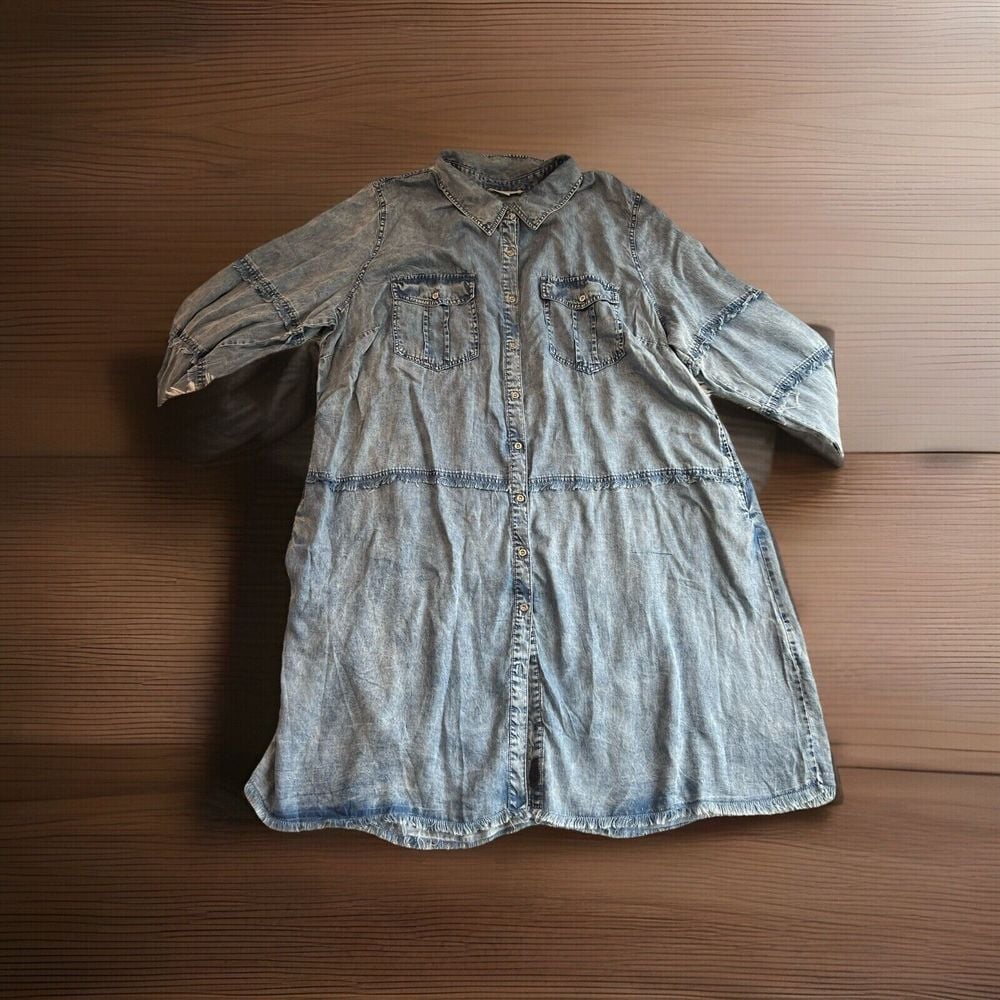 Indigo Thread Chambray Shirt Dress Size 2XL Blue Denim Snap Front Long Sleeve