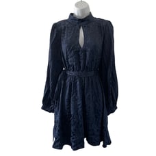 Anthropologie Dress Womens Medium Petite Blue Mini Jacquard High Collar Belted