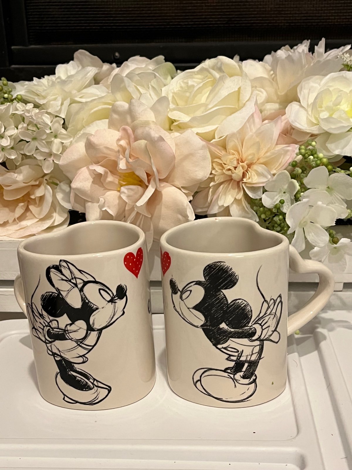 Disney Mickey ALL WE NEED IS EACH OTHER heart shape mugs w/heart shape handle