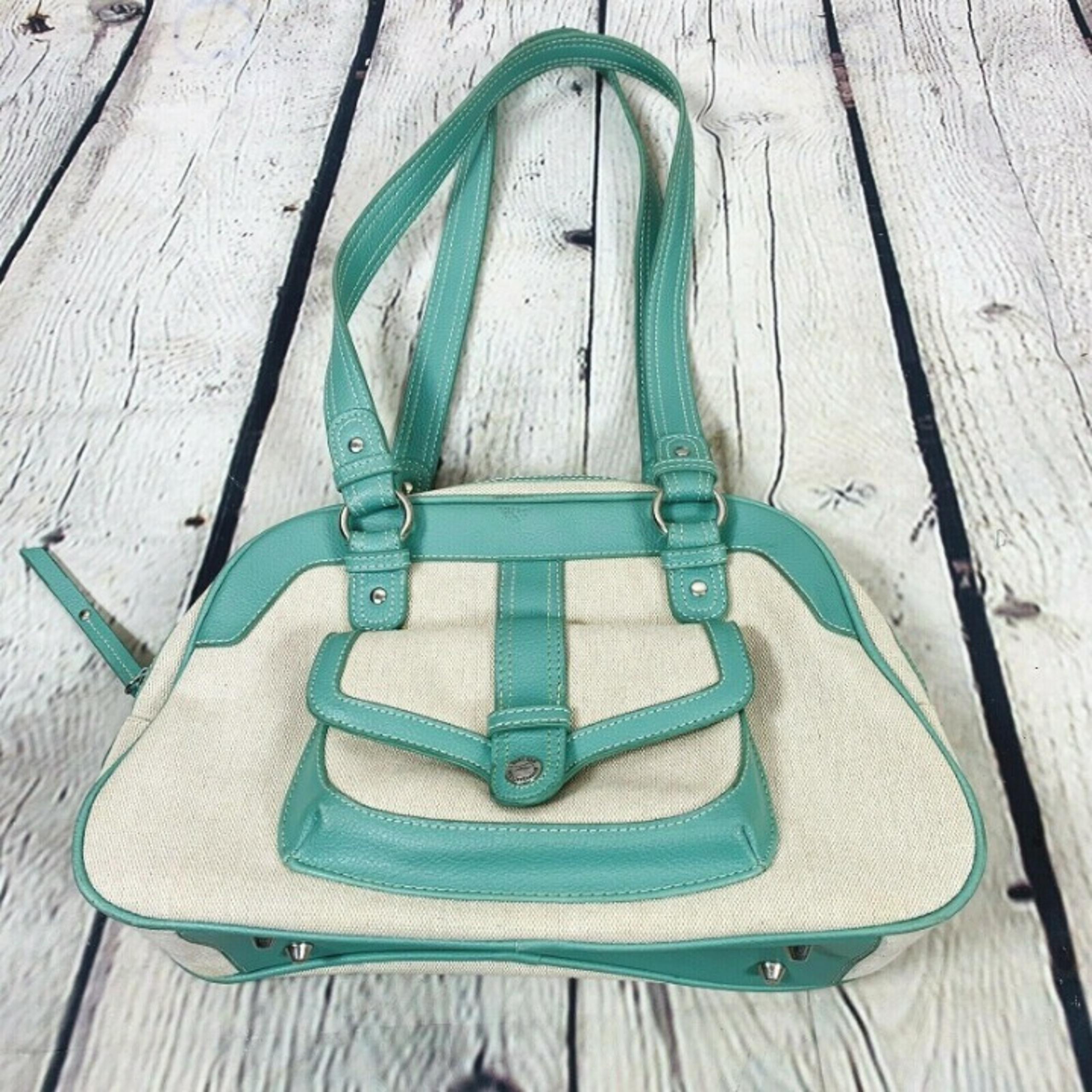 Stone Mountain Bag Purse Beige Mint Green Canvas Leather Trim Double Handle