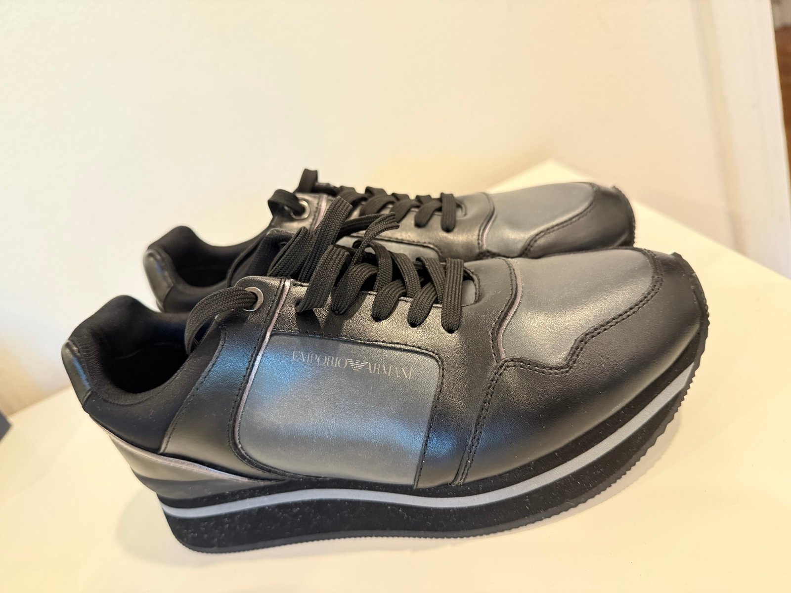 Emporio Armani black sneakers with gunmetal detail size US8 Worn only once
