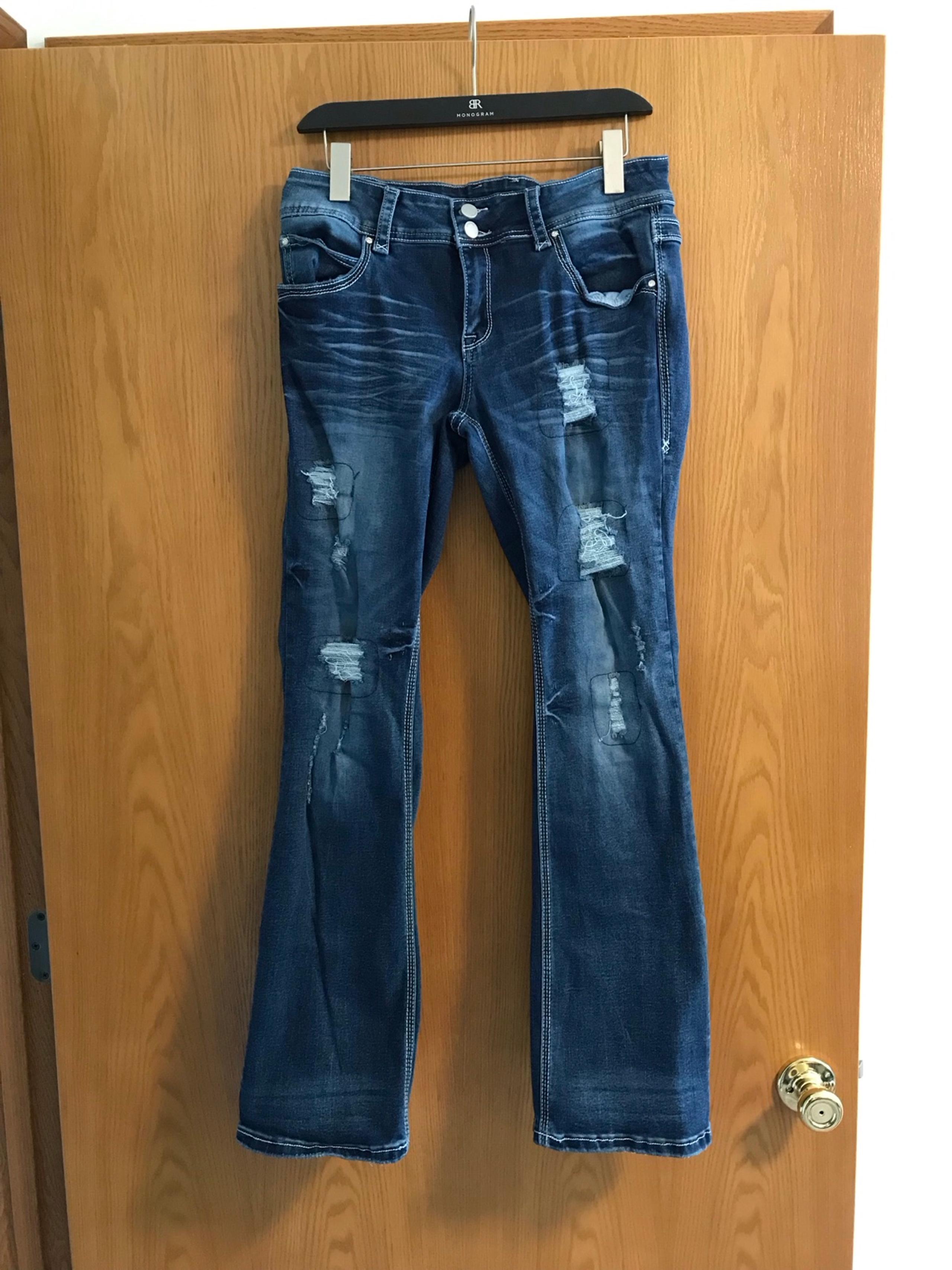 Flamingo Factory Distressed Double Button Jeans with Rhinestones