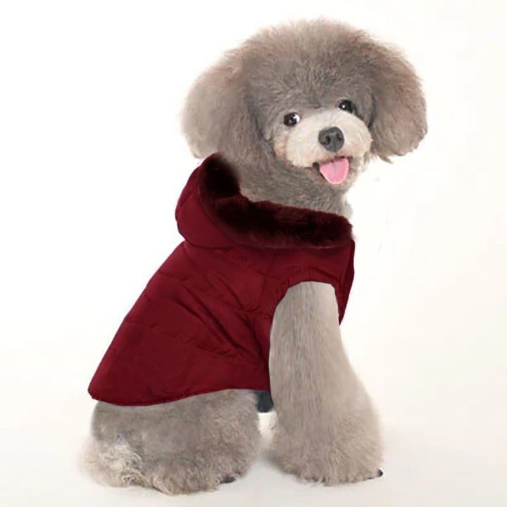 Fur Trim Puffer Parka Jacket Coat for Dog Cat Pet - XSmall - Burgundy Red